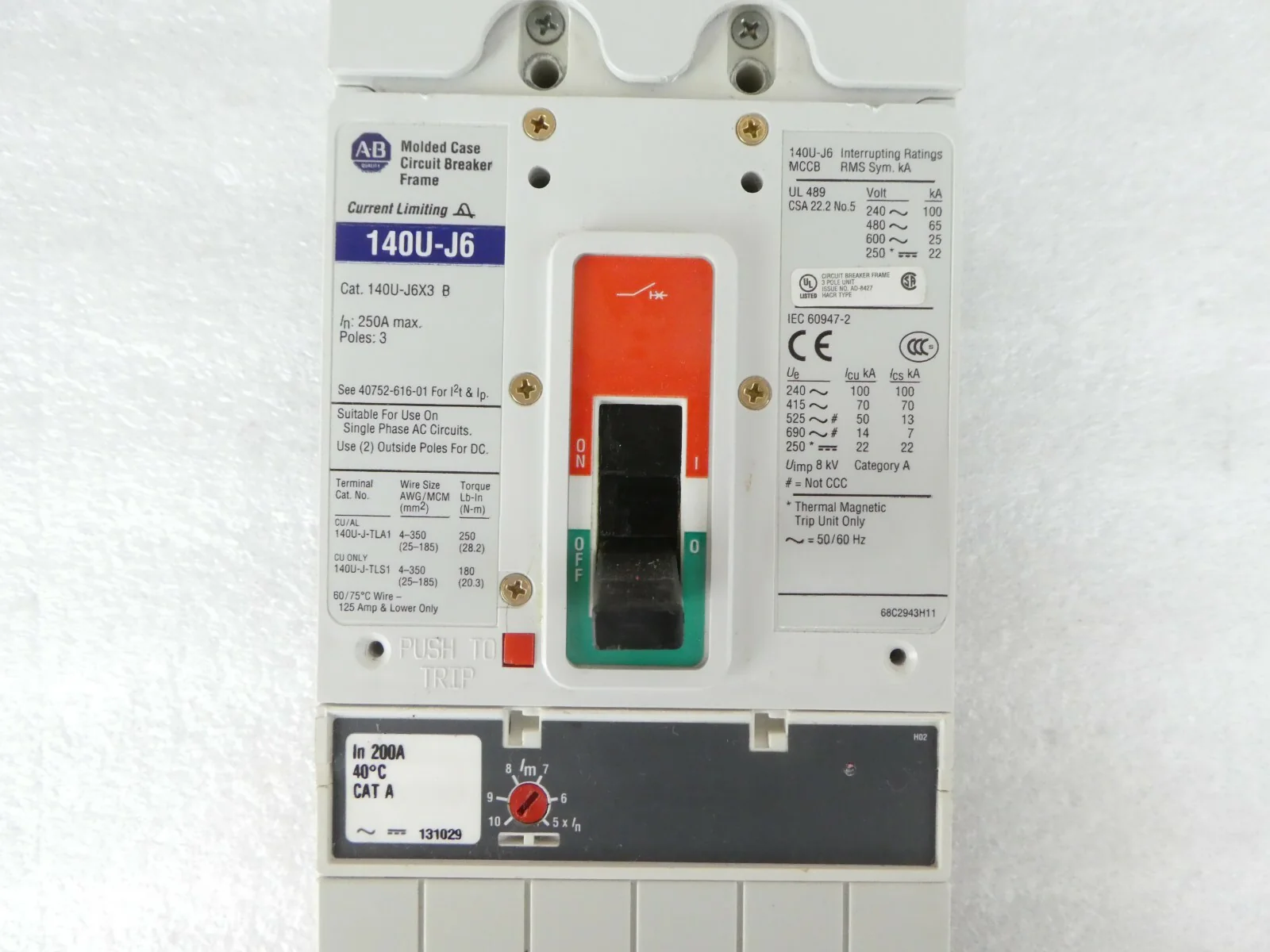 AB Allen-Bradley 140U-J6D3-D20 Circuit Breaker 140U-J6 ELJBN3250W AMAT Working - Image 7