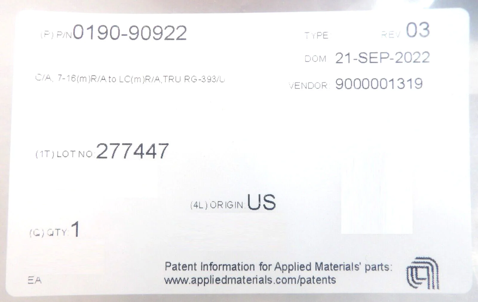 AMAT Applied Materials 0190-90922 Tru RG-393 RF Cable New Surplus - Image 7