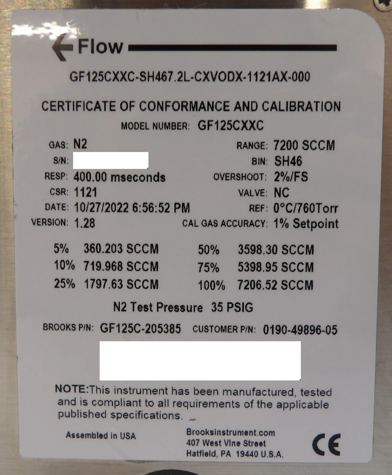 Brooks Instrument GF125C-205385 Mass Flow Controller MFC 7200 SCCM N2 New Spare - Image 8
