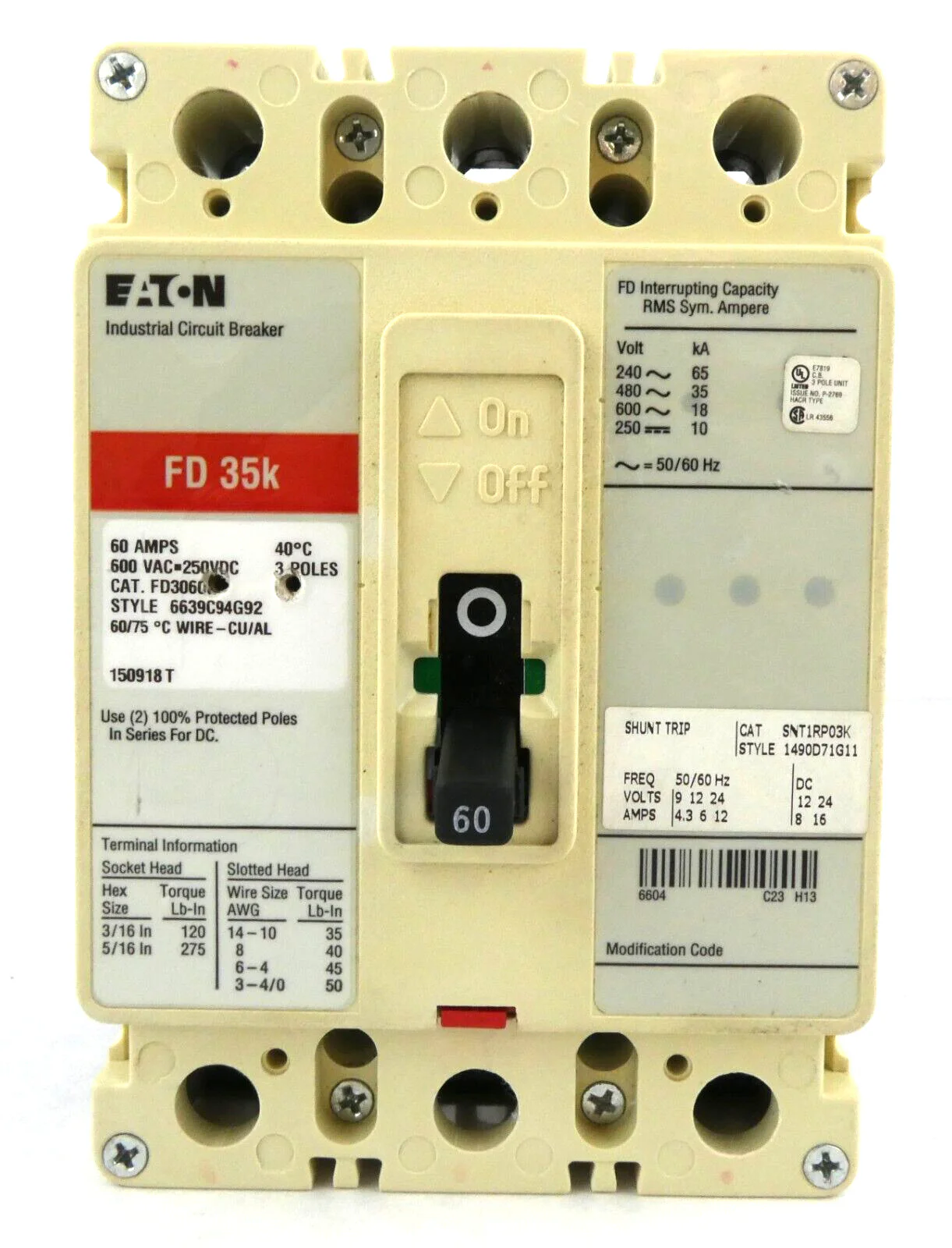 Eaton 6639C94G92 Industrial Circuit Breaker FD3060L Working Surplus - Image 6