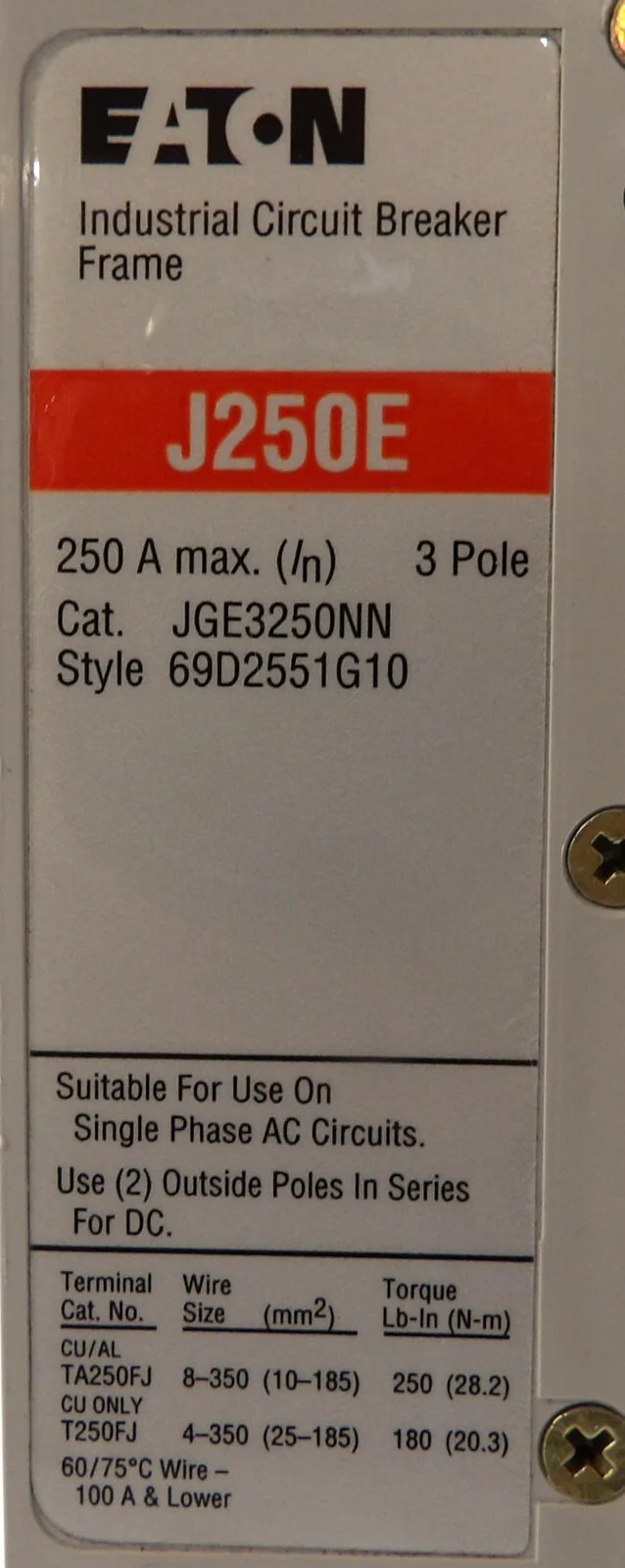 Eaton JGE3250NN 3 Pole Circuit Breaker J250E JT325032 Working Surplus - Image 8