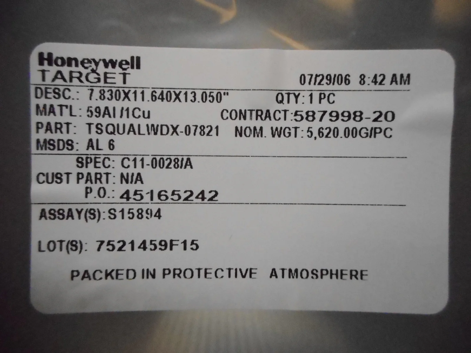 Honeywell TSQUALWDX-07821 Sputtering Target 59Al/1Cu 7.830x11.640x13.050" New - Image 2