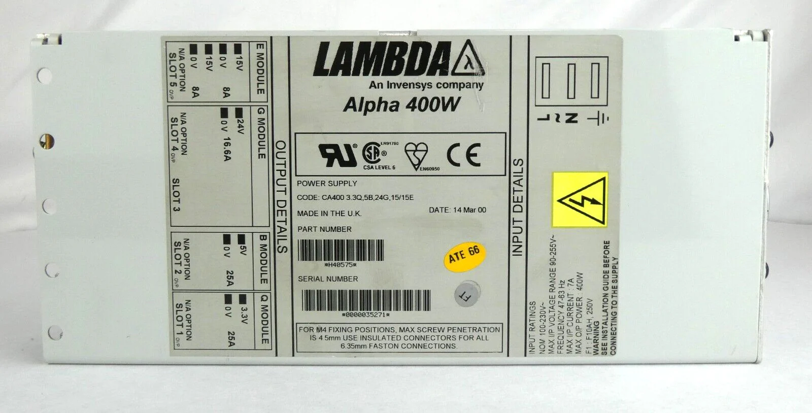 Lambda H40575 Power Supply Alpha 400W CA400 3.3Q,5B,24G,15/15E Working Surplus - Image 7