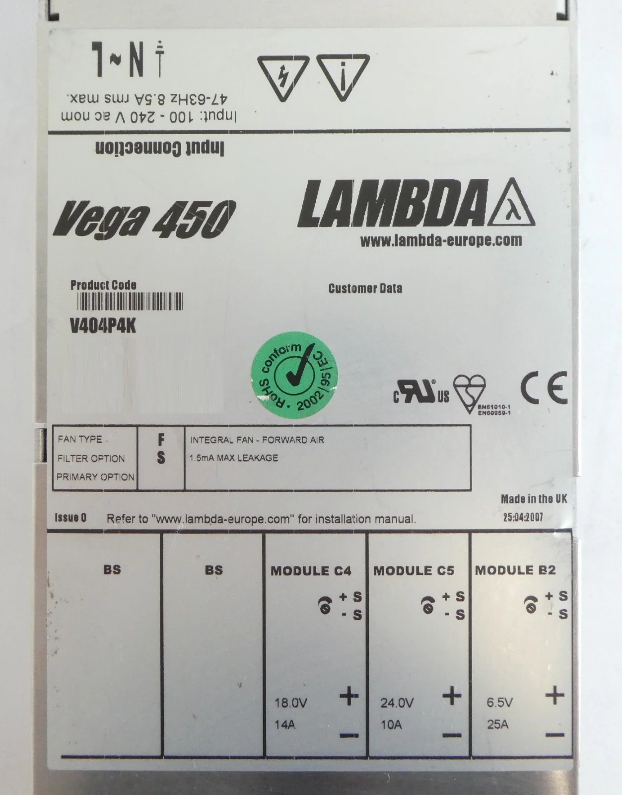 Lambda V404P4K Modular Power Supply Assembly Vega 450 Working Surplus - Image 7