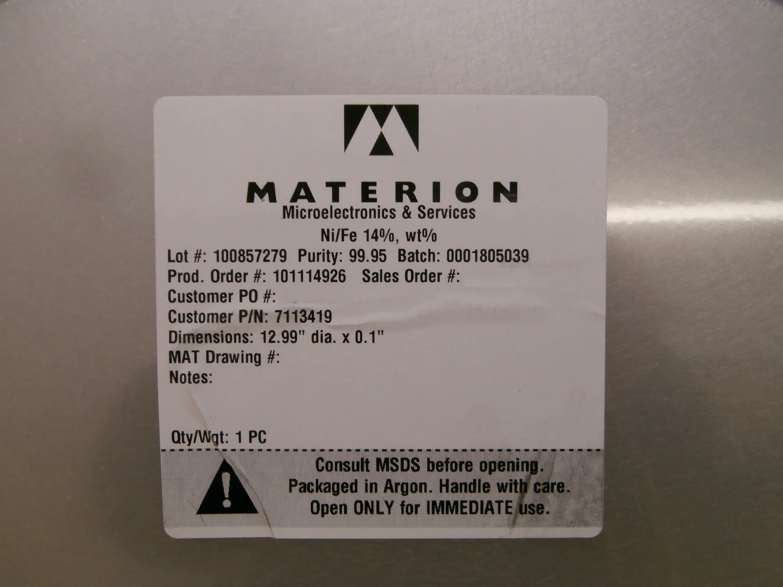 Materion Microelectronics 7113419 Ni/Fe 14% wt% NiFe14W Target New Surplus - Image 4