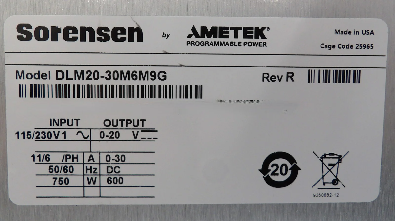 Sorensen Ametek DLM 20-30 DC Power Supply DLM20-30M6M9G Varian E19333690 New - Image 7