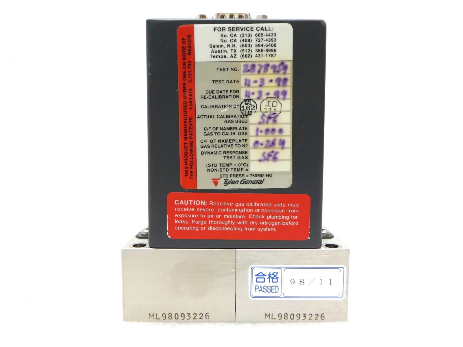 Tylan FC-2979MEP5 MFC Mass Flow Controller 200 SCCM SF6 TEL Unity II Used - Image 3