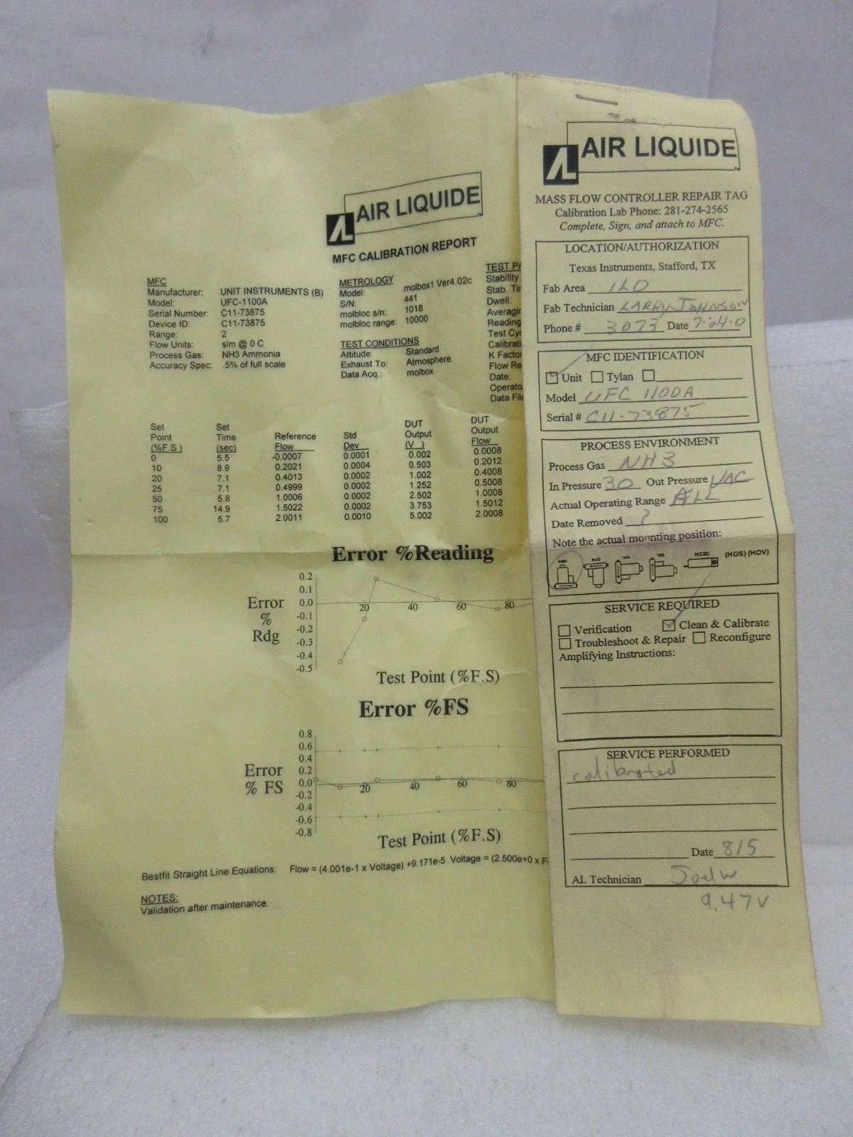 UNIT Instruments UFC-1100A Mass Flow Controller MFC 2 SLM NH3 Refurbished - Image 11
