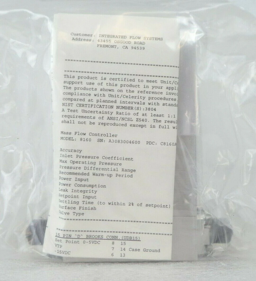 UNIT Instruments UFC-8160 Mass Flow Controller MFC Novellus 22-175532-00 New - Image 3
